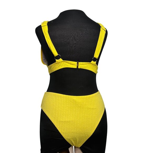 Yellow Textured High-Waisted Bikini Set Adjustable Straps & Back Closure Size M - Picture 2 of 8